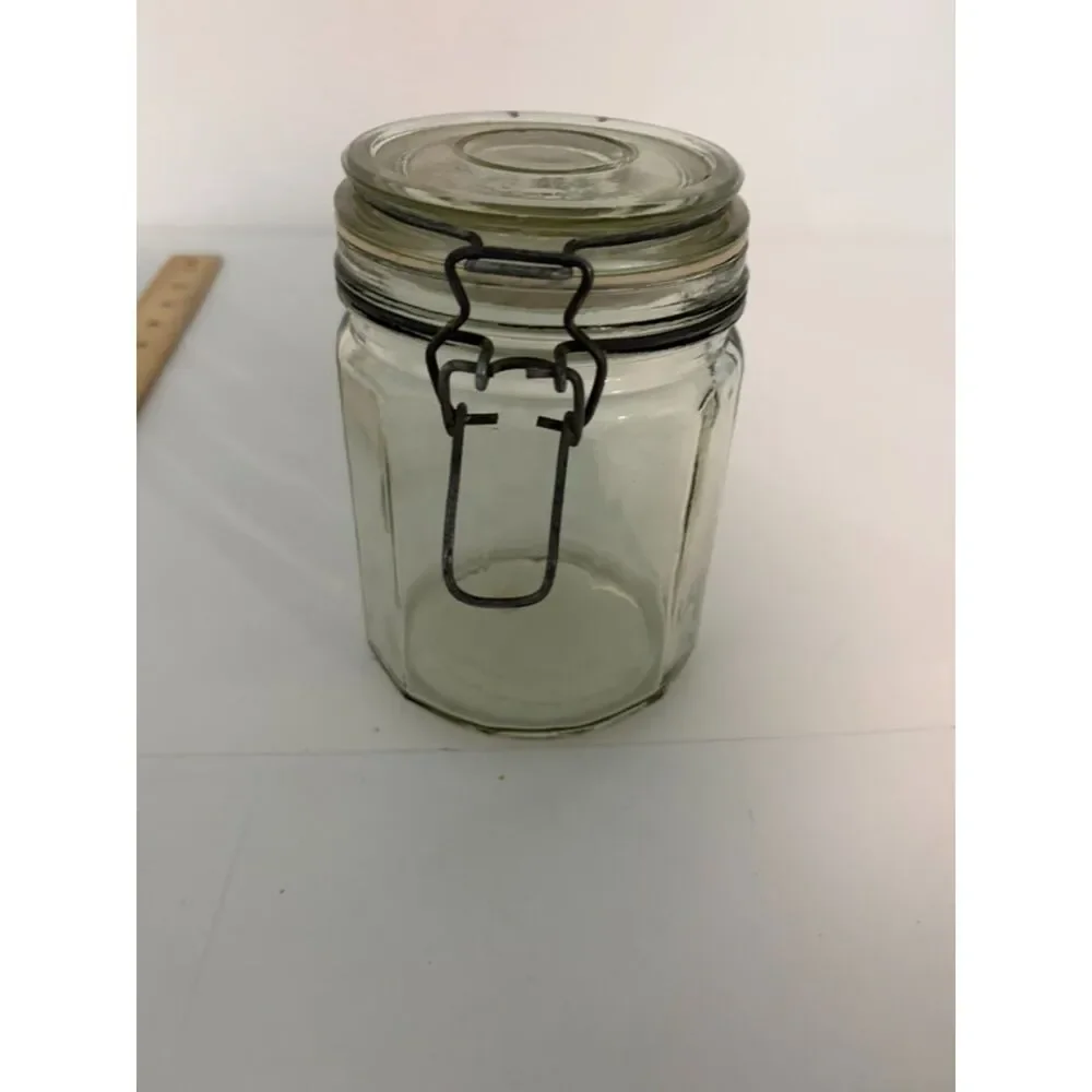 vtg clear glass hexagonal canister jar with wire bail and glass lid